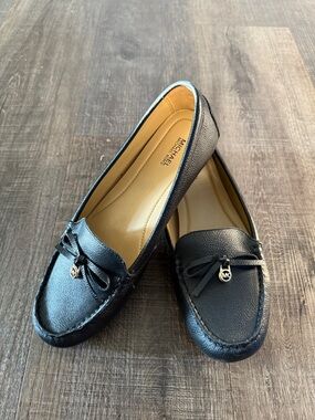 Michael Kors Black Leather Moccasin Loafers with MK Charm